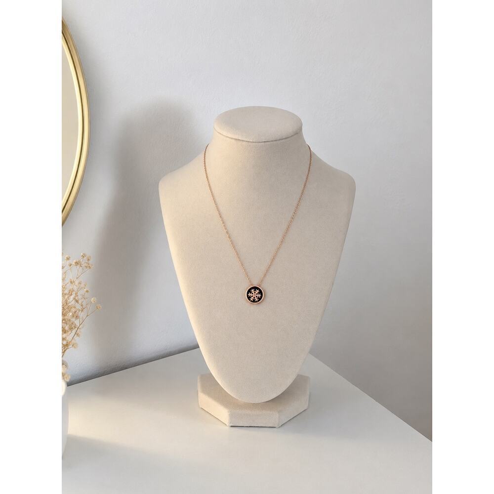 Rose Gold Snowflake Pendant Necklace Black Enamel Minimalist Women Jewelry
